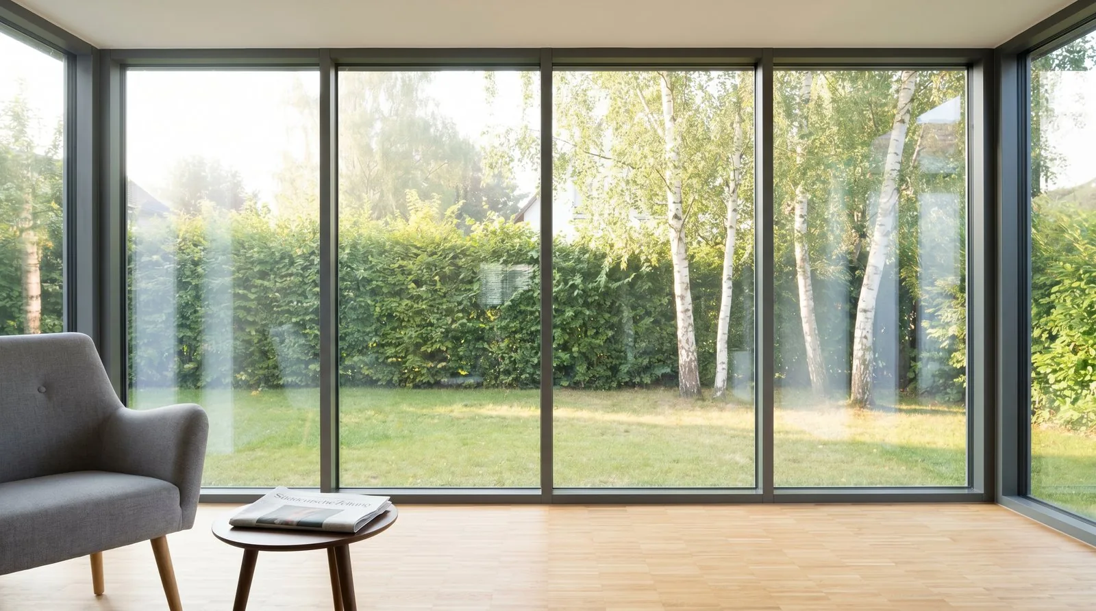 Große Fensterflächen aus Isolierglas mit Blick in den Garten